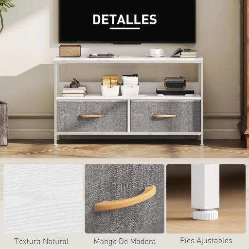 Mueble de TV con Estante y 2 Cajones de Tela Plegables para Televisores hasta 47 Pulgadas Largo de 98 cm Blanco y Gris [6]