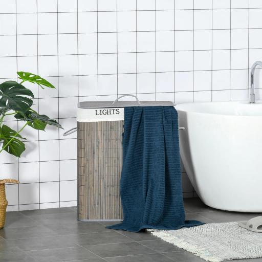 Cesto para Ropa Sucia de Bambú Capacidad de 100L con Tapa Extraíble Bolsa de 2 Compartimentos 52x32x63 cm Gris [5]