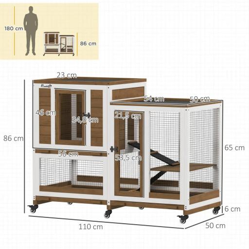 Conejera de Madera de 2 Niveles Jaula para Conejos con Ruedas Escaleras y Bandejas Extraíbles 110x50x86 cm Marrón [3]