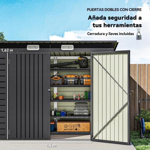 Caseta de Jardín Exterior 2,7m² 249x121x183 cm con Doble Puerta 2 Ventilaciones y Pestillo Gris [5]