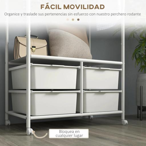 Perchero Zapatero con Ruedas para Recibidor con 8 Ganchos 4 Cestas para Zapatos y Marco de Acero 63x37x153 cm Blanco [3]