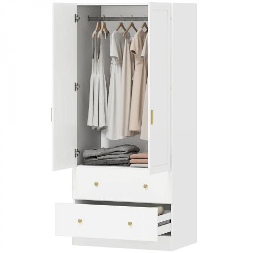 Armario Dormitorio 2 Puertas y 2 Cajones Armario Ropero con Espejo Barra para Colgar 80x50x180 cm Blanco [8]