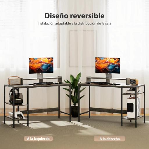 Mesa de Escritorio con Estantes Laterales Soporte para Monitor Ajustable y Estructura Móvil 120x48x85,5 cm Gris Carbón [5]