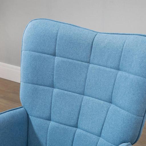 Sillón Individual con Respaldo Alto Reposabrazos Tela de Lino y Patas de Madera para Comedor Cocina 71x76x101cm Azul [6]