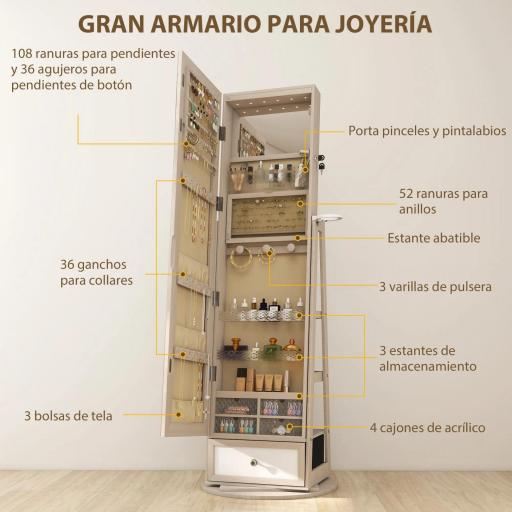 Espejo Joyero con Luces LED Armario Joyero con Espejo Entero Giratorio de 360° Cajón Cerradura Natural [5]
