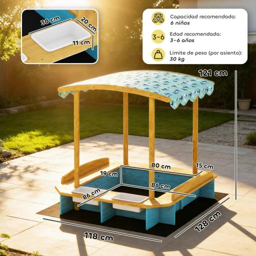 Arenero para Niños de Madera con Techo 3 Bancos 2 Cajas de PP Forro para Niños de 3-6 Años 128x118x121 cm Azul [1]
