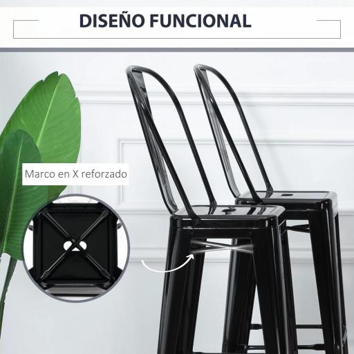 Juego de 4 Taburetes Altos de Cocina de Metal con Respaldo Alto y Reposapiés para Comedor 44x46x116 cm Negro [9]