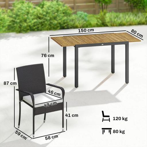 Conjunto de Mesa y Sillas Jardín de Ratán 7 Piezas con Mesa Extensible con Tablero Madera y 6 Sillas Apilables Cojines [1]