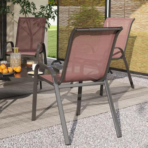 Set de 4 Sillas de Exterior Apilables Asiento de Malla Respaldo Alto y Marco de Acero para Jardín Marrón Oscuro y Negro [7]