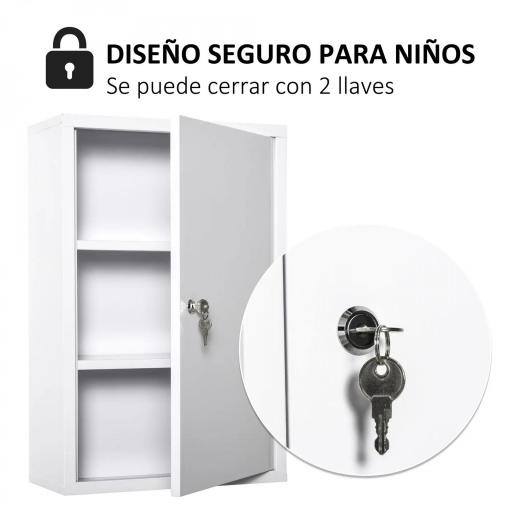 Botiquín de Pared de Metal con 3 Estantes y Cierre con Llave Armario de Medicamentos 40x18x60 cm Blanco [2]