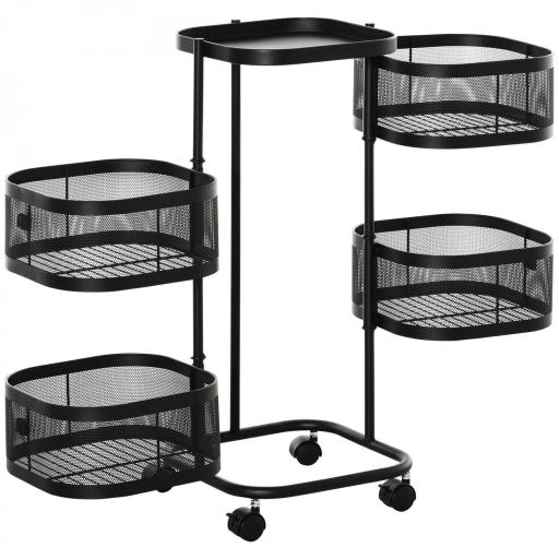 Carrito Auxiliar con Ruedas de 5 Niveles con 4 Cestas de Almacenamiento Giratorias 270° y Bandeja 33x33x77 cm Negro [8]