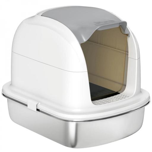 Arenero para Gatos de Acero Inoxidable XL con Tapa Abatible Laterales Altos Entrada Superior Pala Blanco [9]