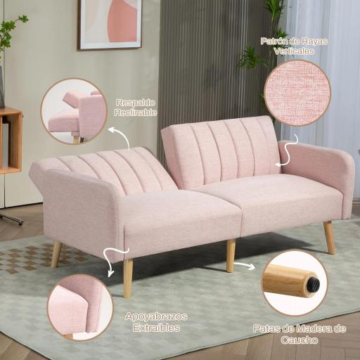 Sofá Cama de 3 Plazas Rosa Pastel Tapizado en Lino Sintético con Respaldo Ajustable y Reposabrazos Desmontables 173x75x73 cm Rosa [5]