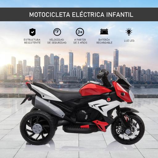 Moto Eléctrica Infantil con 3 Ruedas Trimoto para Niños de +3 Años con Batería 6V Recargable Funciones de Música Bocina Faros 86x42x52 cm Negro y Rojo [2]