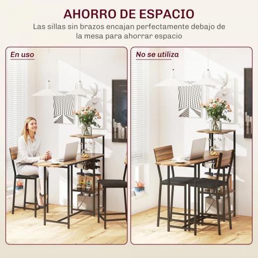 Conjunto de Mesa de Bar con Laterales Abatibles Soporte para Vinos y 2 Taburetes de Estilo Industrial Marrón y Negro [3]