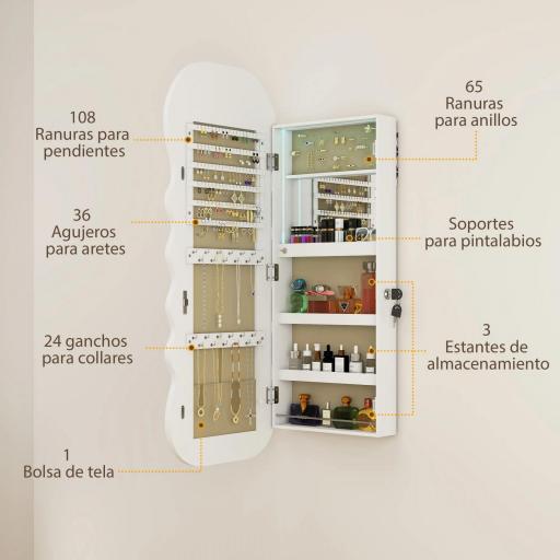 Espejo Joyero con Luz LED Montado en la Pared o en la Puerta con Cerradura Espejo Entero Blanco [6]