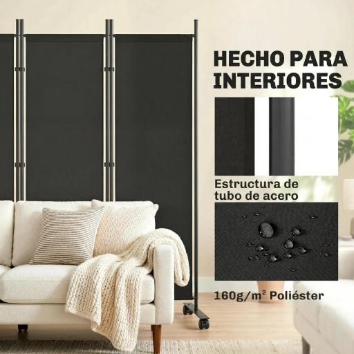 Biombo Plegable de 5 Paneles con 12 Ruedas 252x170 cm Biombo Separador de Ambientes Modulable Negro [3]