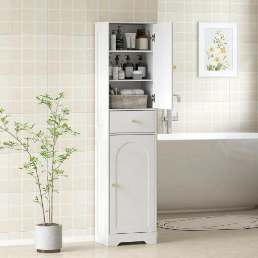 Armario Alto de Baño Estrecho con 2 Puertas Arqueadas Cajón y Estantes Ajustables Moderno 40x29,5x170 cm Blanco Veteado