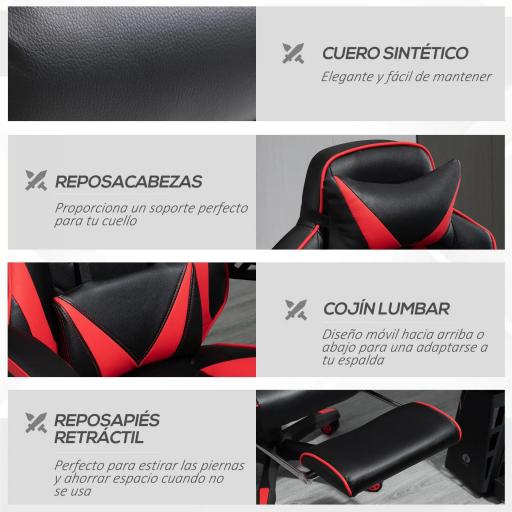 Silla Gaming Ergonómica Silla de Escritorio de Oficina Regulable en Altura Reclinable Respaldo 65x70x118,5-128,5cm Rojo [6]