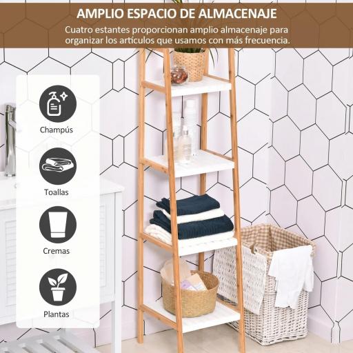 Estantería Escalera de Bambú de 4 Niveles Mueble de Almacenaje Multifuncional para Baño Salón Cocina 35x36x138,5 cm Blanco y Natural [2]