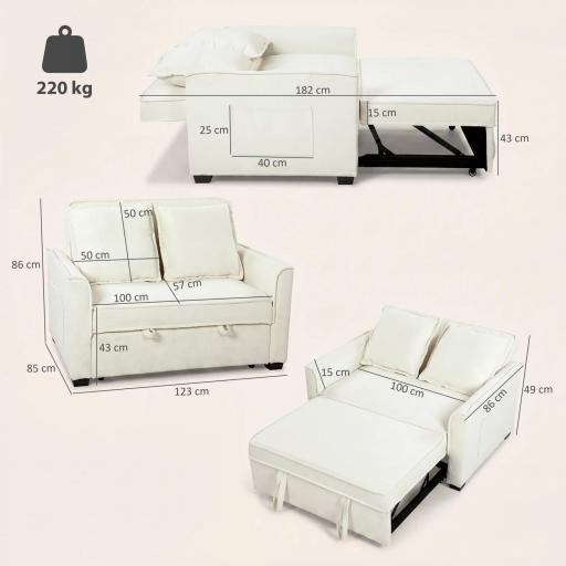 Sofá Cama 2 Plazas 3 en 1 con Respaldo Ajustable Bolsillos Laterales 2 Almohadas para Sala de Estar Blanco Crema [1]