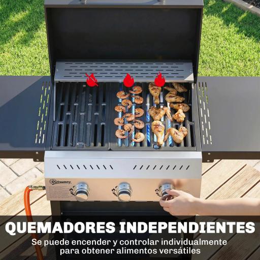 Barbacoa de Gas con 3 Quemadores Termómetro Parrilla Mesas Laterales Plegables Estante y Ruedas 123x57x102 cm Negro [2]