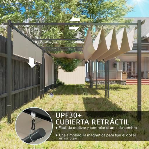 Pérgola de Jardín 4x3 m con Techo Retráctil 3 Laterales Enrollables UPF30+ Cenador de Jardín para Patio Exterior Beige [2]