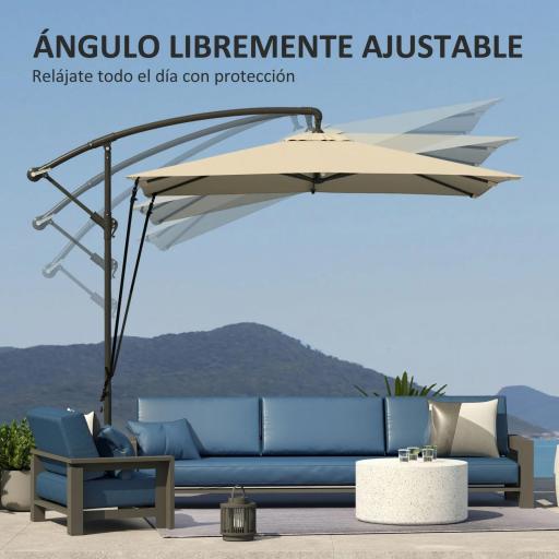 Parasol Excéntrico 247x247 cm con Base Cruzada Manivela Funda Protectora y Toldo Giratorio 360° 247x247x256 cm Caqui [4]