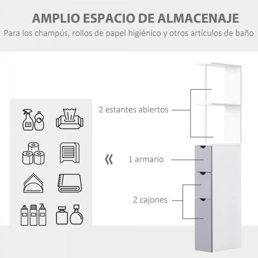Columna de Baño Moderno Mueble Auxiliar de Baño con 2 Estantes 2 Cajones y 1 Puerta Antivuelco 15x33x136,5 cm Blanco [2]