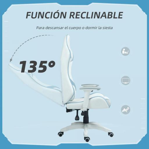 Silla Gamer con Cojín Lumbar Reposabrazos Ajustable Reposacabezas Extraíble y Altura Ajustable 67x60x120-128 cm Azul [3]
