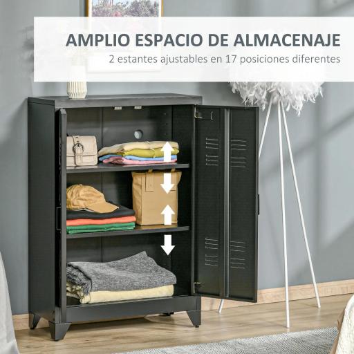 Armario Metálico con Doble Puerta y 2 Baldas Ajustables Mueble Multiusos para Oficina Salón Dormitorio 75x33x110cm Negro [5]