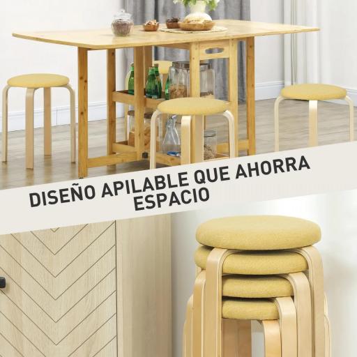 Juego de 4 Taburetes Redondos de Madera Apilables con Asiento Acolchado para Cocina Comedor Dormitorio Amarillo [2]