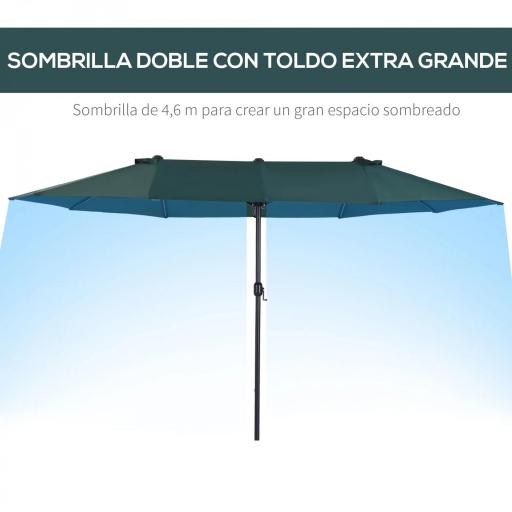 Sombrilla Doble para Jardín 455x265x238 cm Parasol Grande con Manivela Manual Protección Solar Verde Oscuro [4]