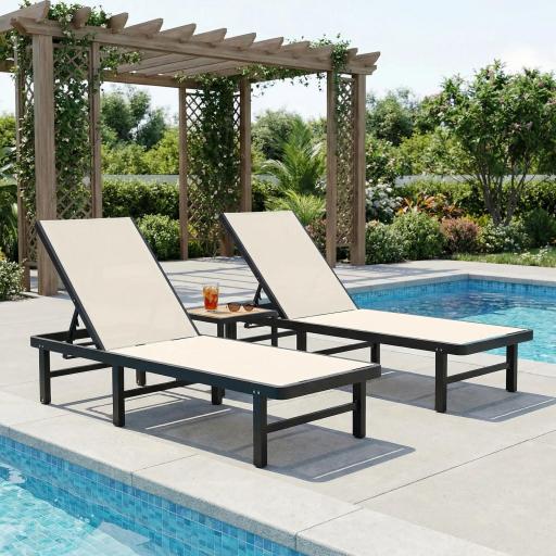 Conjunto de 2 Tumbonas Reclinables con Ruedas Respaldo Ajustable 4 Niveles Estructura de Aluminio Tela Textilene Beige [5]