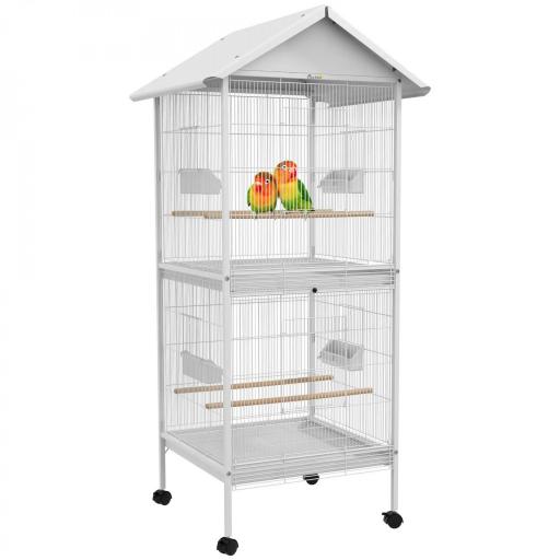 Jaula para Pájaros Grande de 2 Pisos Convertible en Sola Jaula con Ruedas Comederos 4 Perchas 78x75x168 cm Blanco [8]