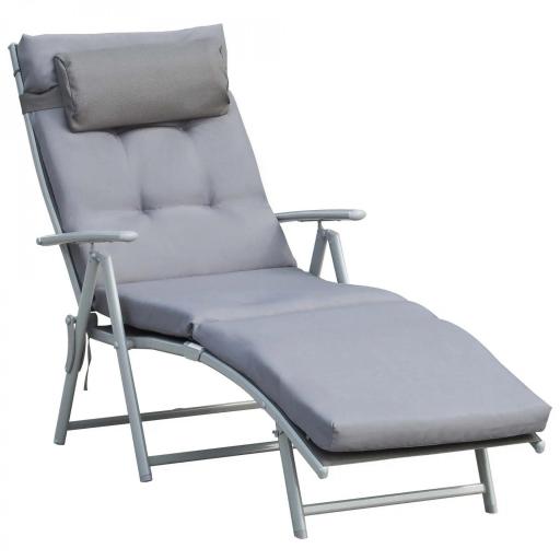 Tumbona Plegable de Jardín con Respaldo Ajustable en 7 Posiciones Cojín Cuerpo Entero y Cabeza 137x63,5x100,5 cm Gris [10]