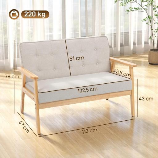 Sofá de 2 Plazas Tapizado en Lino Sintético Sofá Nórdico con Patas y Reposabrazos de Madera 113x67x78 cm Beige [1]