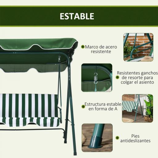 Columpio Balancín de Jardín de 3 Plazas con Cojín Techo Ajustable y Marco de Acero 172x110x153 cm Rayas Verde y Blanco [3]
