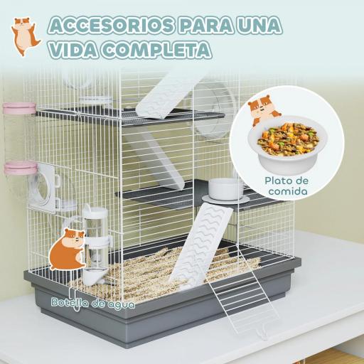 Jaula para Hámster con Túnel Plataformas Cuenco Bebedero Casita Rampas y Rueda de Ejercicio 47x30x70 cm Gris [6]