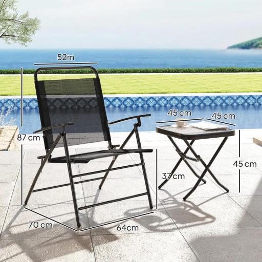 Conjunto de 3 Piezas Mesa con Encimera de Cristal y Sillas Plegables con Respaldo Regulable para Terraza Exterior Negro [1]