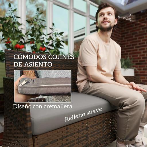 Conjunto Muebles Jardín de Ratán Sintético con Sofá Sillones y Mesa de Vidrio Templado y Cojines Marrón y Gris [6]