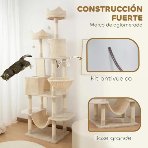 Árbol Rascador para Gatos Grande Altura 206 cm con Múltiples Niveles Cuevas Bolas Colgantes y Hamacas Beige [5]