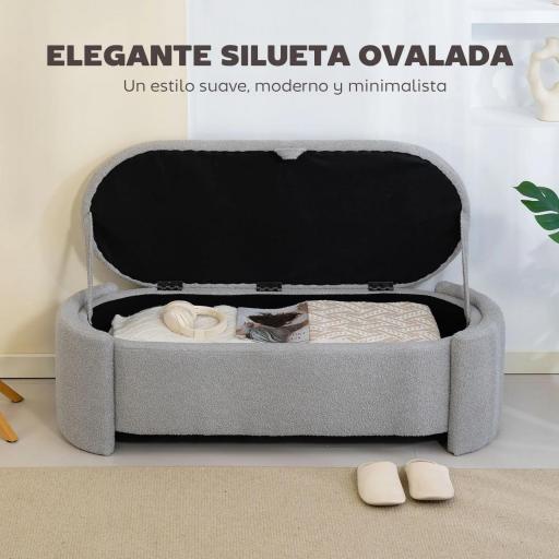 Puff Almacenaje Banco Almacenaje Ovalado 129x48,5x44 cm Tapizado en Terciopelo de Teddy Carga 200 kg Gris Claro [2]