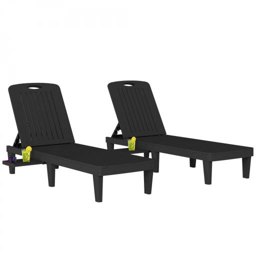 Conjunto de 2 Tumbonas Reclinables de Plástico PP con Bandeja Lateral Respaldo Ajustable 5 Niveles 192x57x28,5 cm Negro [9]