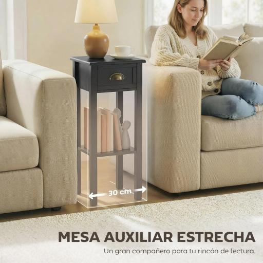 Mesa Auxiliar Estilo Moderno Mesita Auxiliar con Cajón y Estante de Almacenamiento 30x30x75 cm Negro [7]