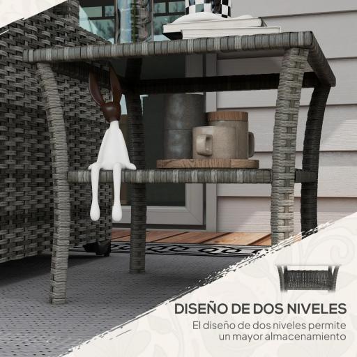 Mesa de Jardín de Ratán PE Cuadrada 50x50x45 cm con Estante Encimera de Cristal y Marco de Acero Carga 30 kg Gris [2]