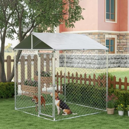 Jaula de Exterior para Perros Medianos con Cerradura Marco de Acero Toldo Impermeable y Anti-UV 200x200x237 cm Plata