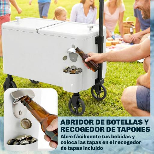Carrito Nevera de 56L con Ruedas Mango Ajustable Abrebotellas Recogetapas Drenaje y Asa 75x35x120 cm Blanco [7]