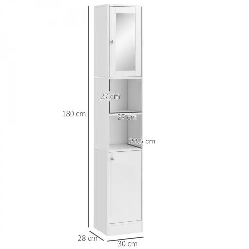 Armario Alto para Baño con Espejo Mueble Columna de Baño Madera con 2 Estantes Abiertos 2 Puertas y Baldas Interiores Ajustables 30x28x180 cm Blanco [1]