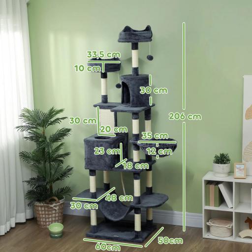 Árbol Rascador para Gatos Grande Altura 206 cm con Múltiples Niveles Cuevas Bolas Colgantes y Hamacas Gris Oscuro [4]